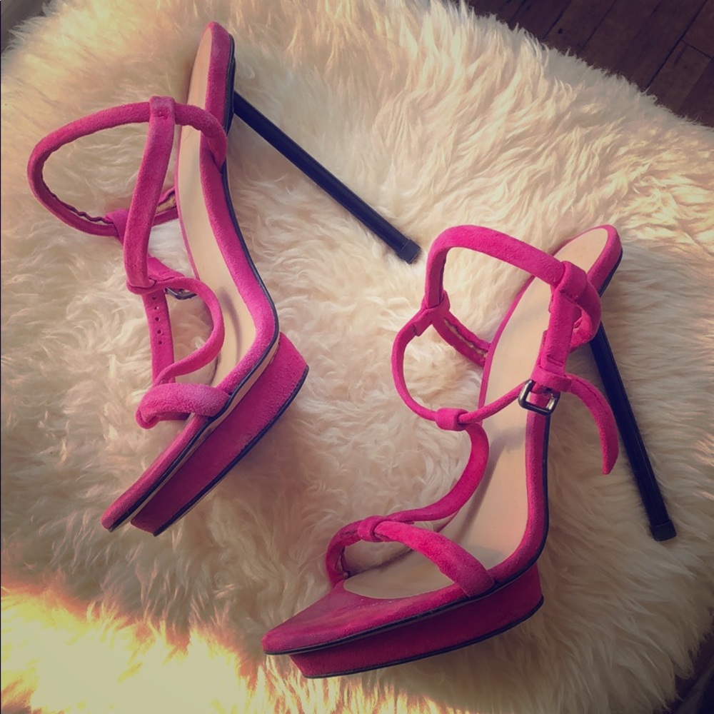 Pink Suede T- Strap Stiletto Heels